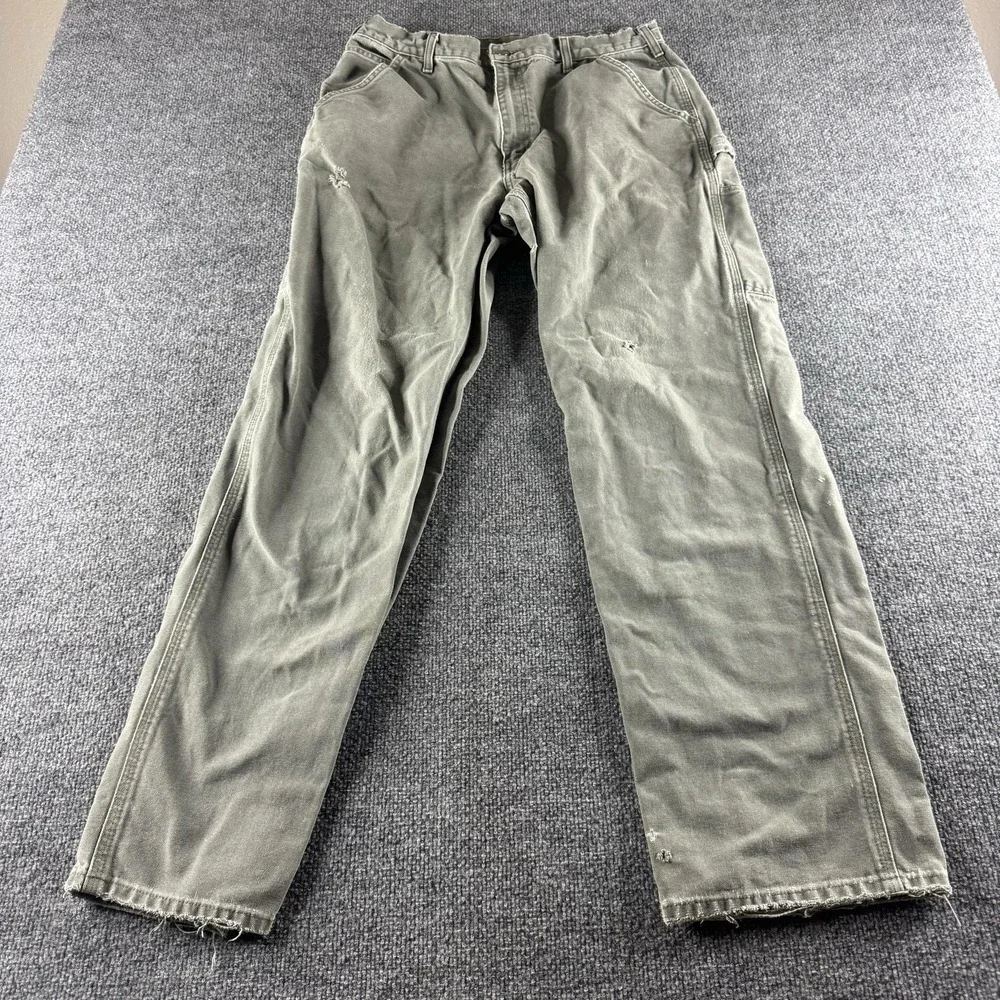 Carhartt Pants Mens 34x32 Green Canvas Carpenter Workwear Distressed Holes